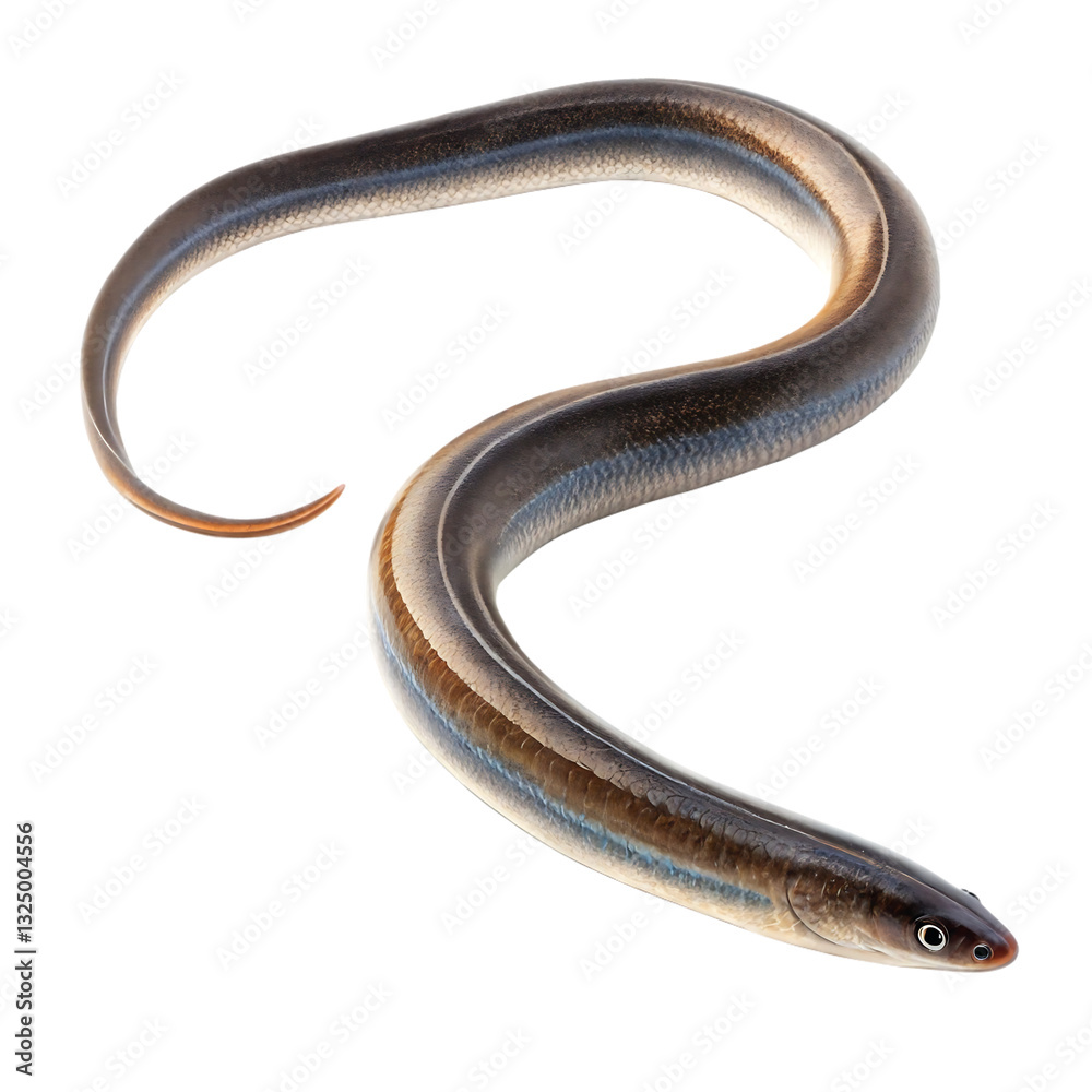  Freshwater eel isolated on white background, elongated fish with a sleek body, perfect for seafood, aquatic life, and nature-themed projects