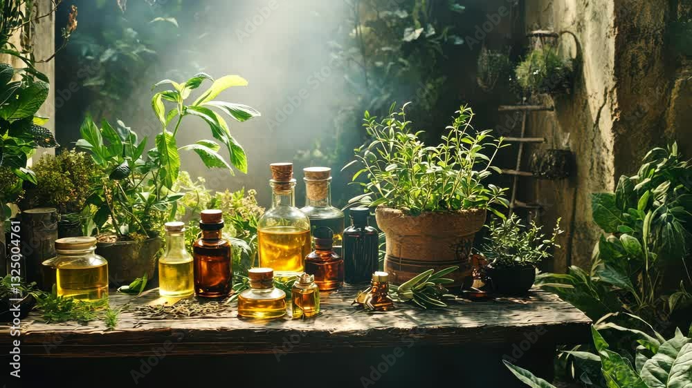 Sunlit herbal apothecary bench with potions and greenery in rustic setting