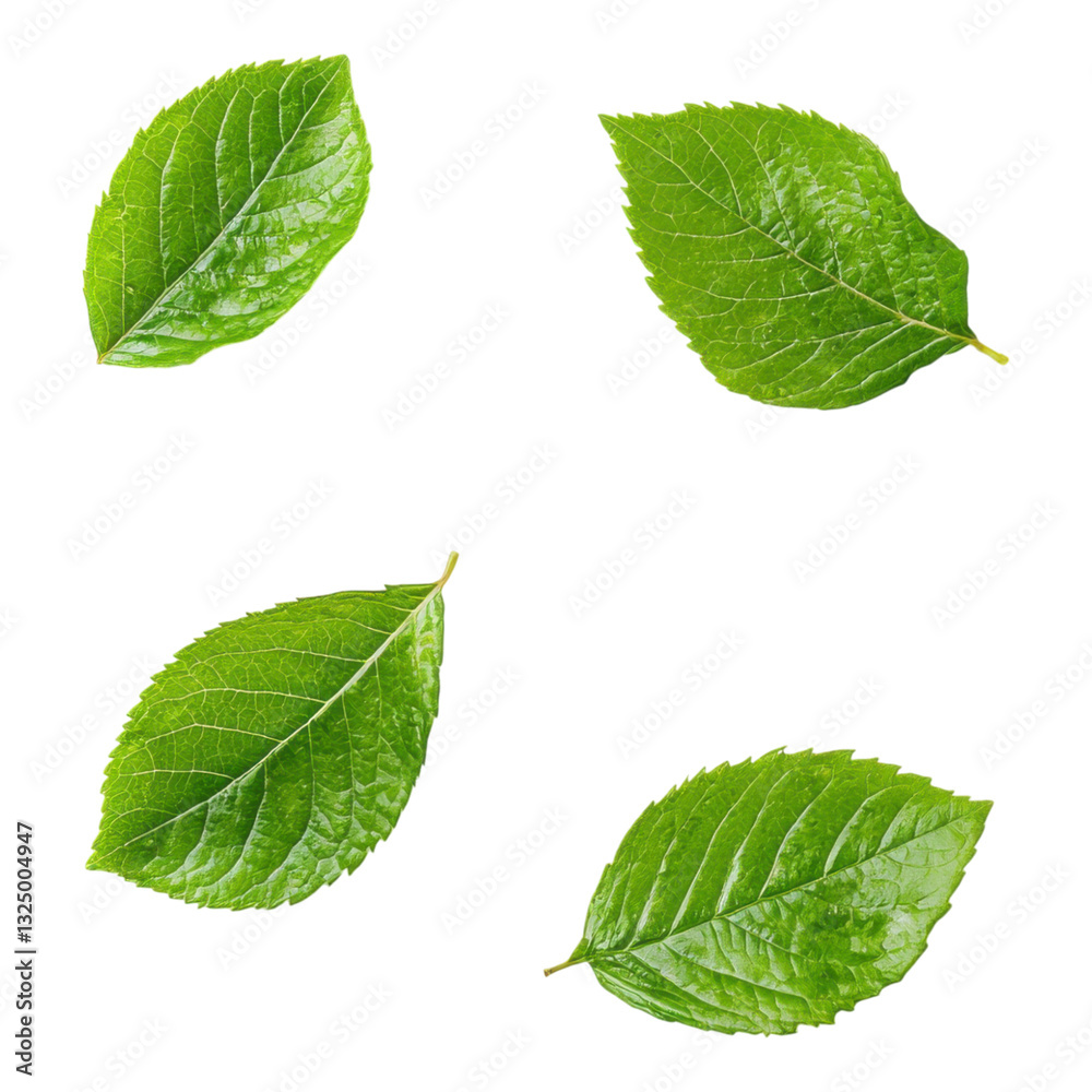 Naklejka premium Four vibrant green leaves arranged in various orientations, showcasing their natural texture and shape.