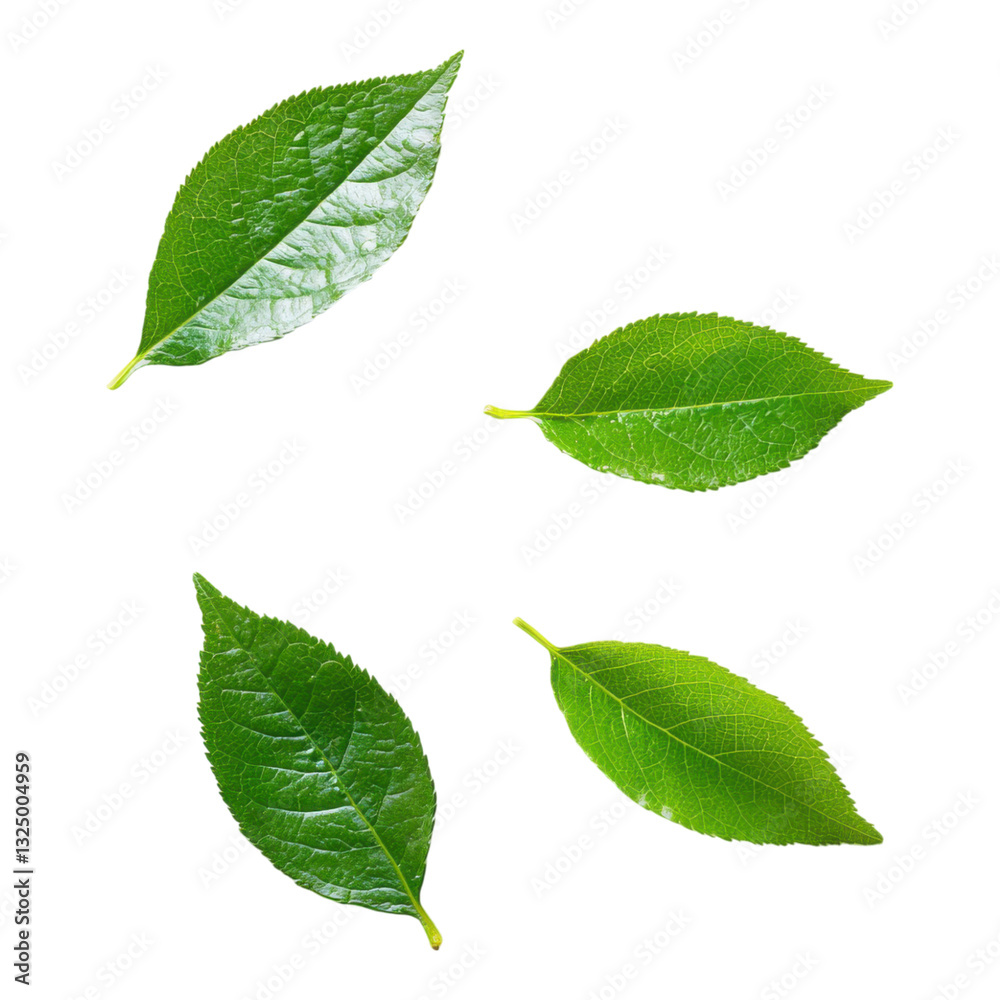 Fototapeta premium Four vibrant green leaves showcasing different shapes and textures.