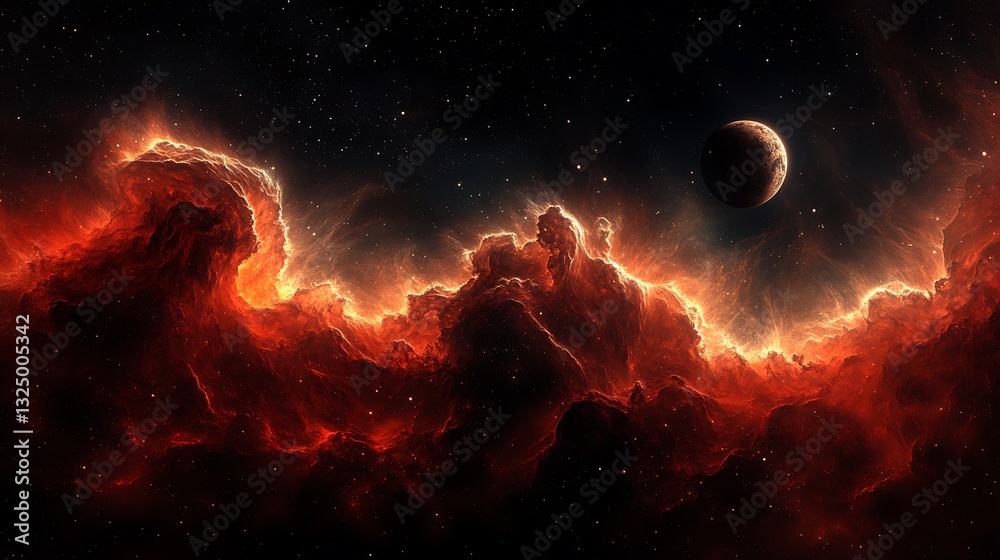 Fototapeta premium Fiery nebula backdrop with a planet in outer space