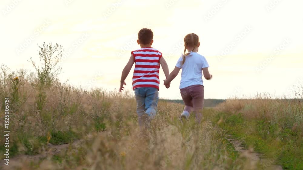 Cute playful boy and girl run joining hands along rural road with growing grass backside view. Boy and girl friends play running at pastureland. Active boy and girl run and enjoy freedom at country Cute playful boy and girl run joining hands along rural road with growing grass backside view. Boy and girl friends play running at pastureland. Active boy and girl run and enjoy freedom at country