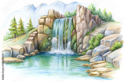 beautiful waterfall with stones in forest hand drawn sketch