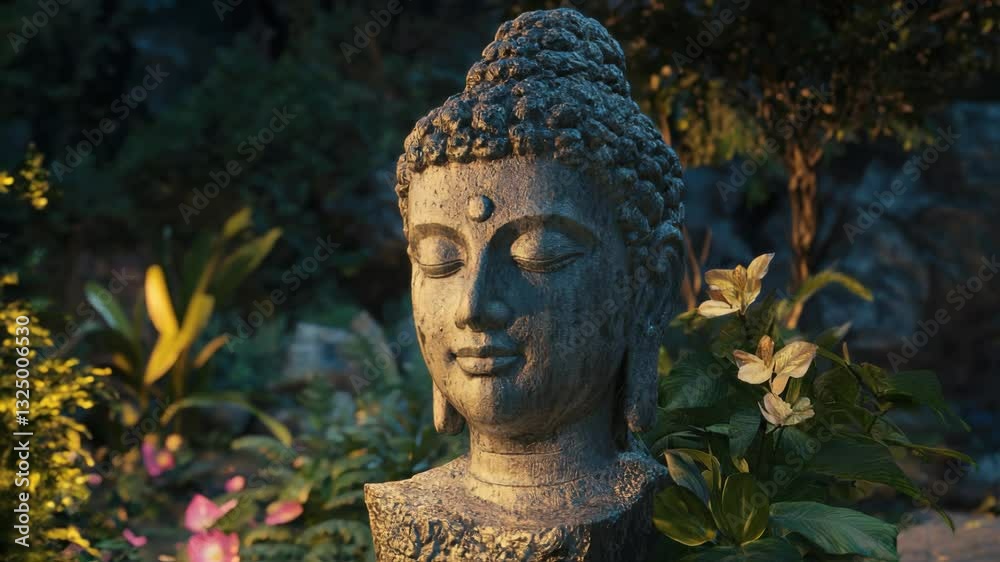 custom made wallpaper toronto digitalWeathered stone buddha bust nestled among verdant tropical foliage, radiating meditative tranquility and spiritual wisdom within peaceful garden landscape