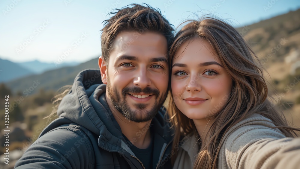 A joyful couple enjoys a mountain hike while taking a selfie, capturing their love and adventure in nature. A joyful couple enjoys a mountain hike while taking a selfie, capturing their love and adventure in nature.
