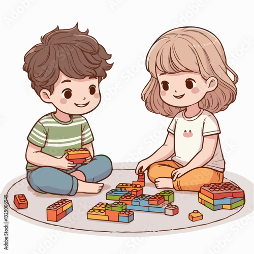 Children are playing with a construction kit. A little girl and a boy assemble the parts of a construction kit together. Cartoon style. Vector graphics. EPS.