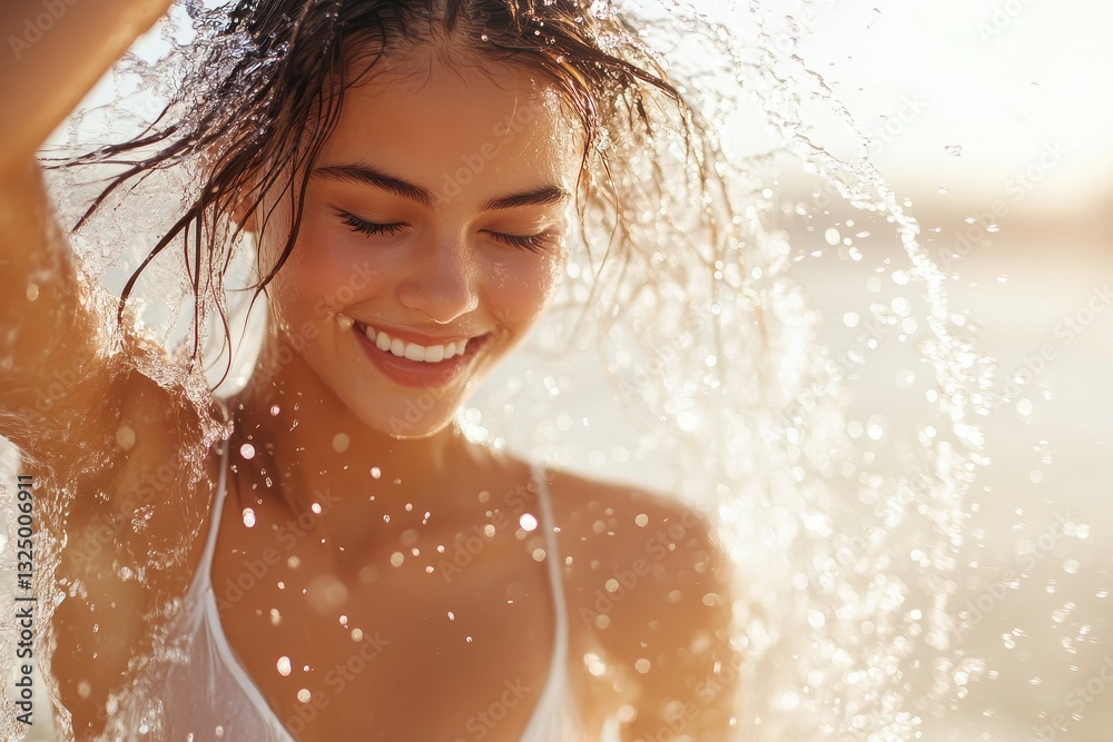 Fototapeta premium Joyful young woman splashing water while enjoying a sunny beach day in a vibrant ocean setting with waves catching the sunlight