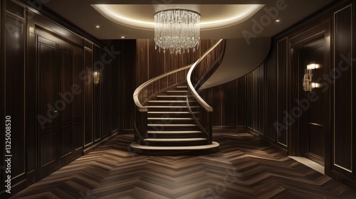 A luxurious modern entrance hall with dark walnut wood panel walls, a grand curved staircase, and a traditional wooden floor in a chevron pattern