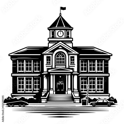 Clean black and white vector silhouette of a building on white background