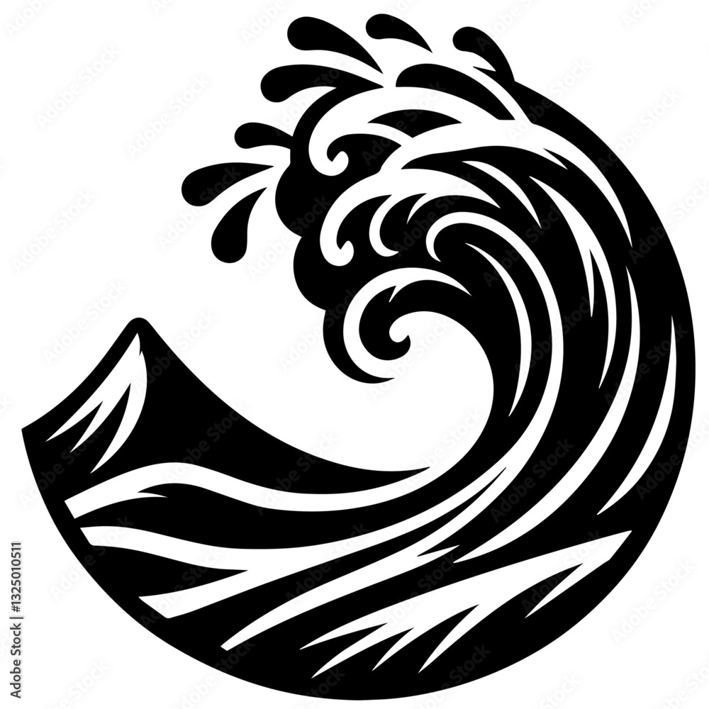 Obraz premium Clean black and white vector silhouette of a water waves logo on white background