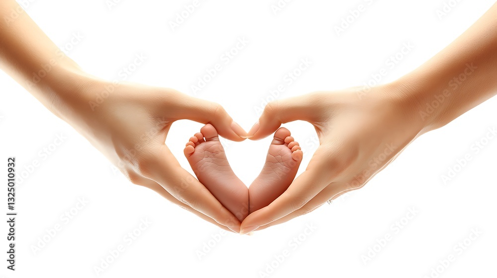 Fototapeta premium Heartfelt Bond: Hands Cradling Baby Feet, A pair of adult hands gently cradling a baby's feet, forming a heart shape