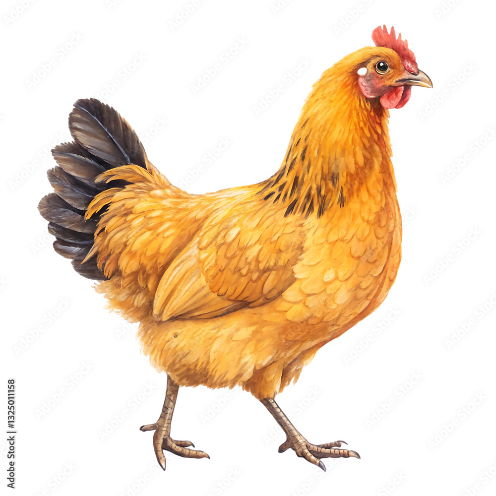 Fototapeta premium Realistic golden hen standing in profile with detailed feathers and natural colors showcasing the beauty of this common farm bird known for egg-laying and poultry farming in rustic countryside setting