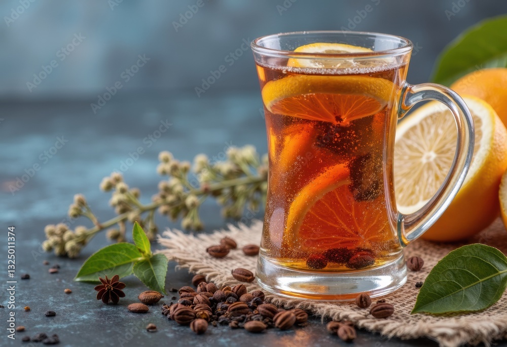 Fototapeta premium Refreshing citrus tea with orange slices and spices in a glass mug