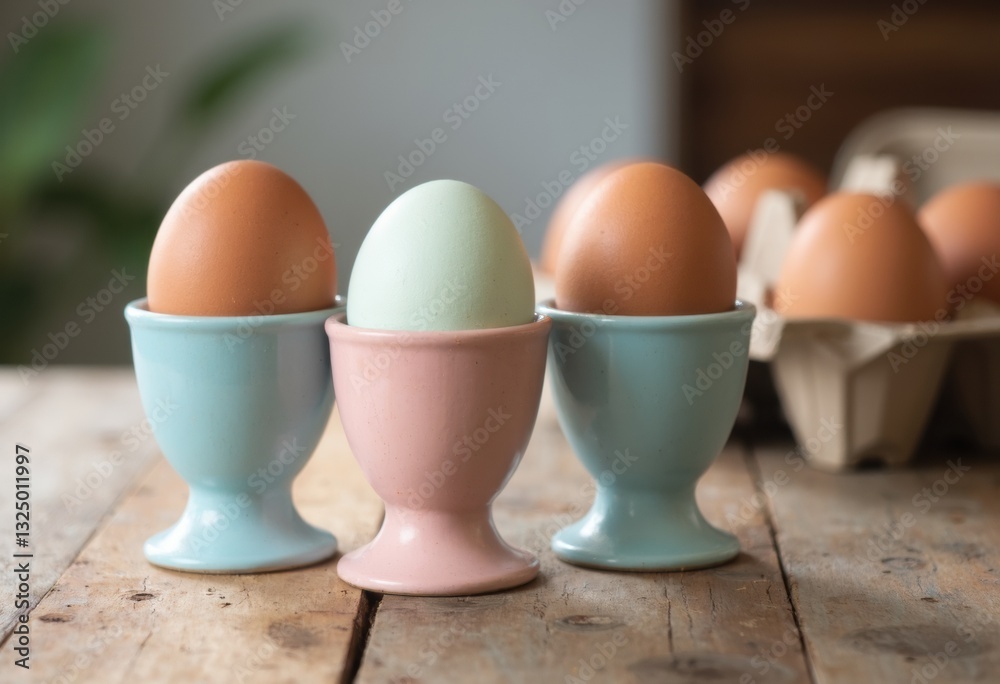 Fresh eggs in pastel egg cups on a rustic wooden table Fresh eggs in pastel egg cups on a rustic wooden table