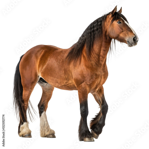 Powerful draft horse with strong muscular build and flowing mane standing isolated on white background ideal for equestrian photography farming images and high-quality stock illustrations