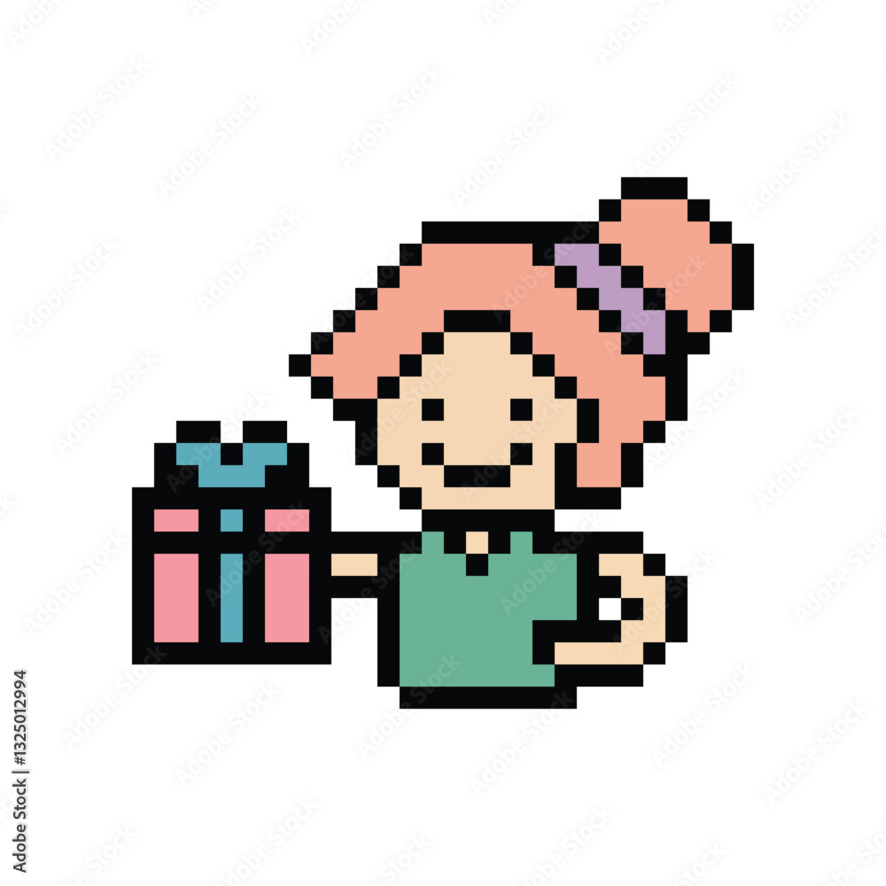 Fototapeta premium Cute pixel cartoon 8bit character woman give gift box birthday christmas bonus reward surprise decoration 8 bit female girl give gift box shopping bonus christmas day game png vector.
