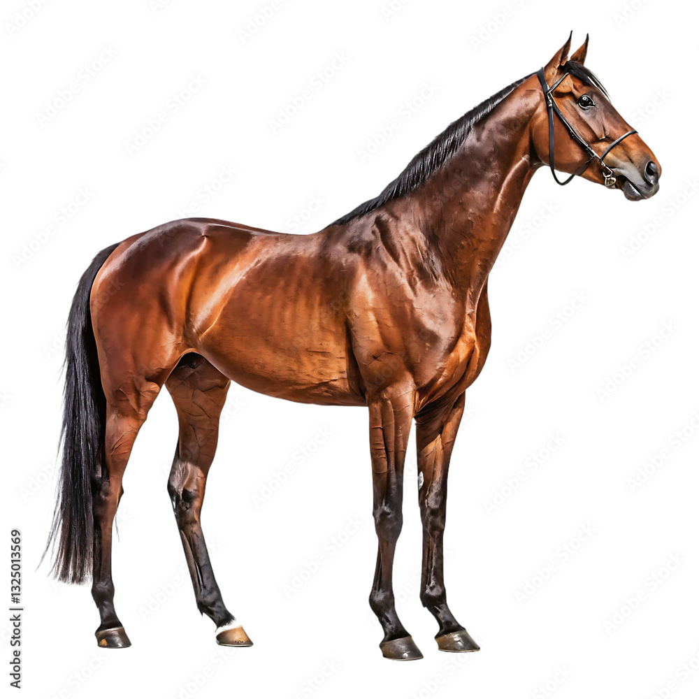 Obraz premium Elegant bay horse standing isolated on white background perfect for equestrian themes racehorse photography animal illustrations breeding stock images and high-quality visuals for horse lovers and pro