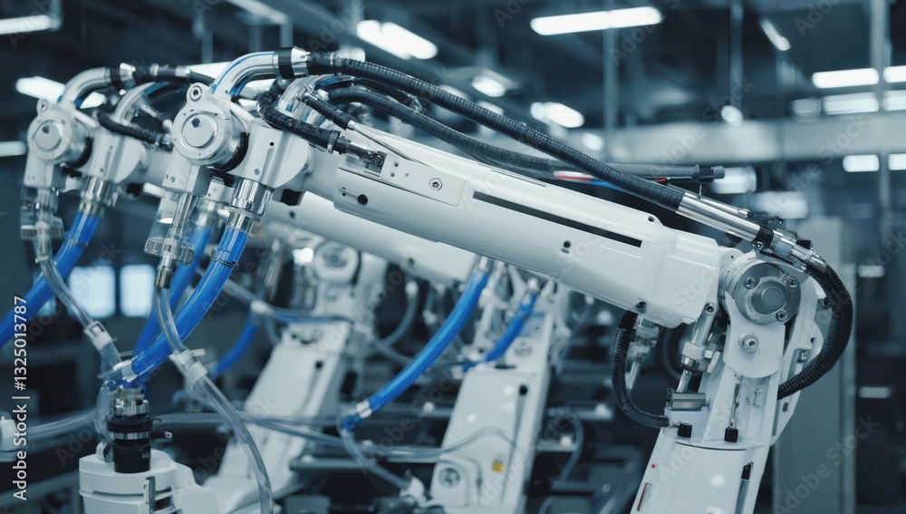 Advanced robotic arms are engaged in tasks on an assembly line within a contemporary manufacturing facility. The setting is well-lit and equipped with high-tech machinery Advanced robotic arms are engaged in tasks on an assembly line within a contemporary manufacturing facility. The setting is well-lit and equipped with high-tech machinery