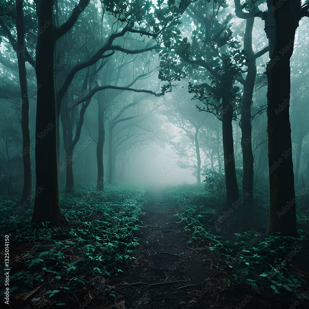 Obraz premium Misty Forest Pathway Bathed In Ethereal Morning Light