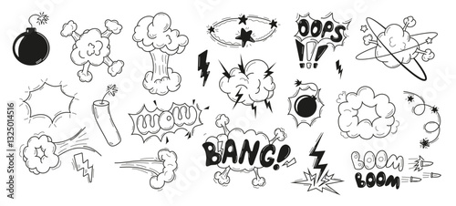 boom effects and explosion elements. Comic-style zap, bam, and smoke sketch elements for dynamic designs. Perfect for illustrations, comics, cartoons, and graphic design