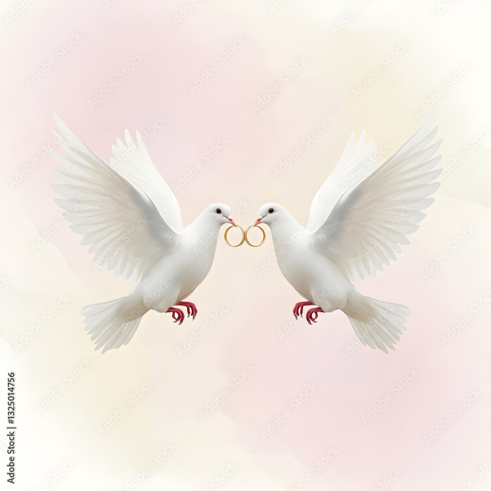 Fototapeta premium Two white doves holding wedding rings in their beaks against a soft, pastel background.