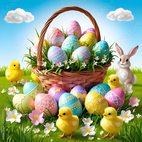Festive Easter Egg Hunt with Colorful Decor and Cute Bunny