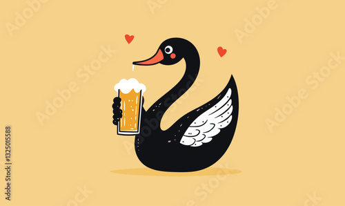Playful Black Swan Holding Beer in Minimalist Flat Design Vector Art