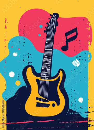 Colorful Rock Music Festival Poster with Electric Guitar and Musical Notes