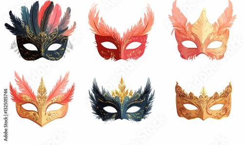 Elegant Feathered Masquerade Party Masks Set in Minimalist Style Vector
