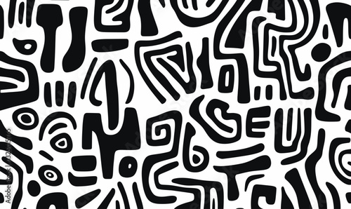 Seamless Abstract African Tribal Texture, Black and White Minimalist Vector Pattern