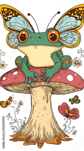 Frog with Butterfly Wings on Mushroom Retro Psychedelic Illustration Vector