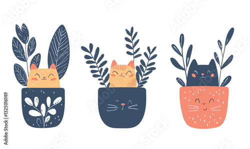 Cute Kittens in Planters with Houseplants Minimalist Cartoon Vector Illustration