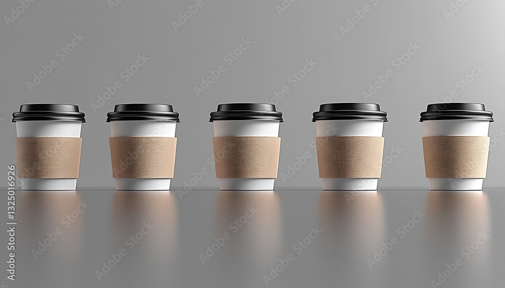 Coffee cups lined up on a reflective surface Coffee cups lined up on a reflective surface