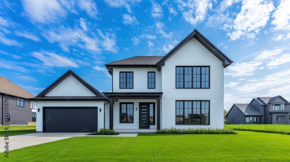 Obraz premium A minimalist two-story modern farmhouse with frosted white paint and clean black window frames