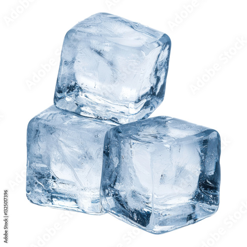 Three crystal-clear ice cubes stacked together, showcasing their smooth, reflective surfaces.