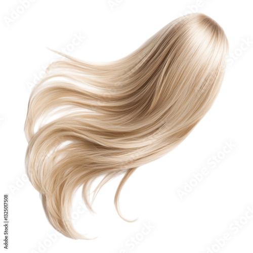 A flowing strand of blonde hair with a smooth texture, exhibiting a natural, wavy style.