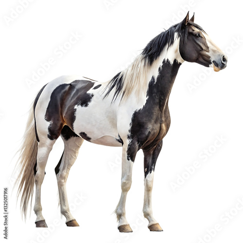 Fotografi Beautiful black and white pinto horse standing majestically isolated on white ba