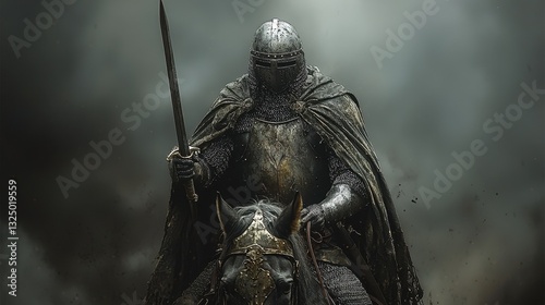 A silhouette of a knight riding a horse, charging into battle with a raised lance, as the sky darkens with storm clouds above. 