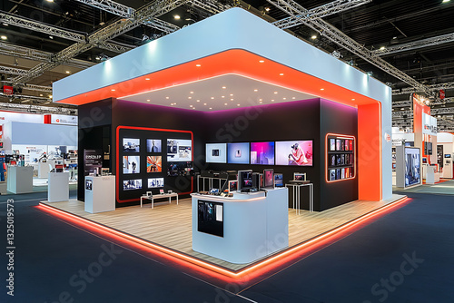A modern exhibition booth with displays, showcases, and orange accent lighting, situated within a large trade show hall.