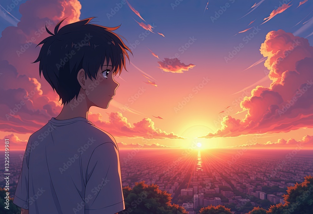 AnimeInspired Sunset Scene: Young Male Character Standing Front & Center. A young man looks out over a city at sunset. AnimeInspired Sunset Scene: Young Male Character Standing Front & Center. A young man looks out over a city at sunset.