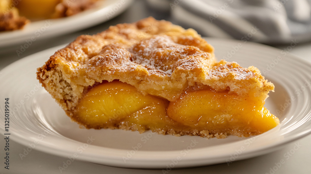 Peach Cobbler on a white dessert plate. The slice shows a moist, tender crumb with juicy, cinnamon-spiced peach filling and a golden, buttery topping Peach Cobbler on a white dessert plate. The slice shows a moist, tender crumb with juicy, cinnamon-spiced peach filling and a golden, buttery topping