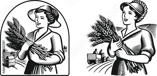 set of Young woman with a big hat farmer with ears of wheat farm vector illustration, engraving sketch ink poster black illustration etching style tattoo, Woodcut clean line Farmer, Wheat, old color