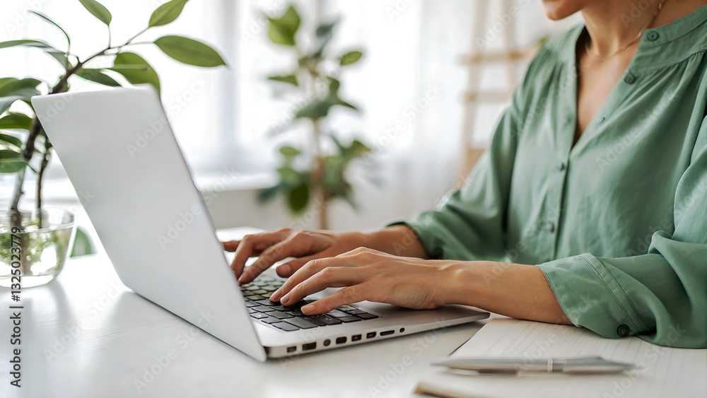 Fototapeta premium Hands, typing and woman in home office with laptop, research or networking for freelance project. Remote work, connectivity and girl at desk writing email, report or online review for business plan