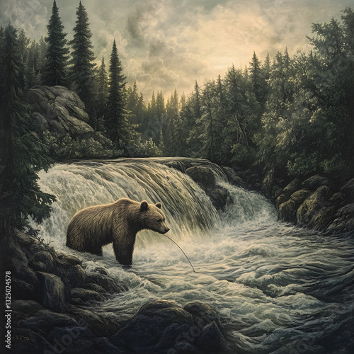 Brown bear in river with mountain and forest background.