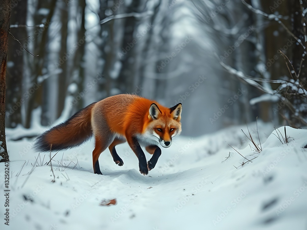 Obraz premium Majestic Red Fox in Winter Wonderland Forest, Snowy Trail & Wildlife Photography, Winter Scene, Nature's Beauty.
