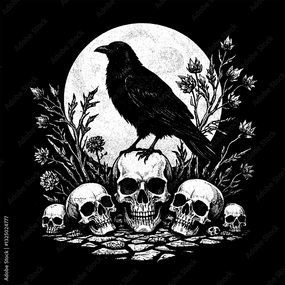 Fototapeta premium Dark and detailed black-and-white artwork featuring a crow standing on a skull, surrounded by eerie flowers. A crescent moon looms in the background, creating a gothic and metal band aesthetic.