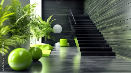 A modern interior hallway featuring dark forest green wood paneling with a staircase in glossy jet-black