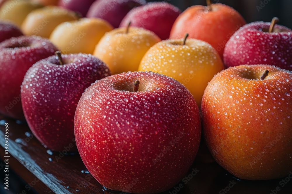 Varieties of fresh apples arranged on a wooden table with droplets of water Varieties of fresh apples arranged on a wooden table with droplets of water