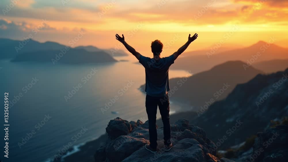 silhouette of man standing on top of the mountain video, young man open arms video, man open arms video, open arms at mountain top video, open arms infront of sunset video, generated with ai 