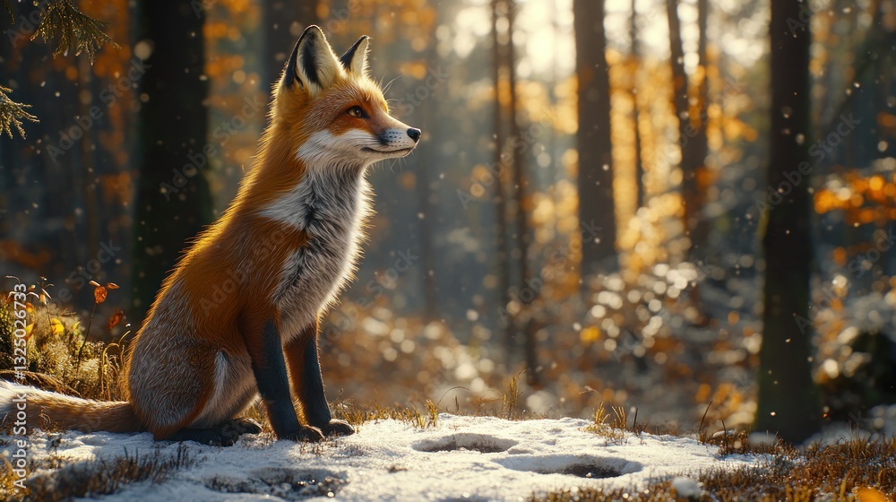 Fototapeta premium Red Fox Sits in Snowy Autumn Forest